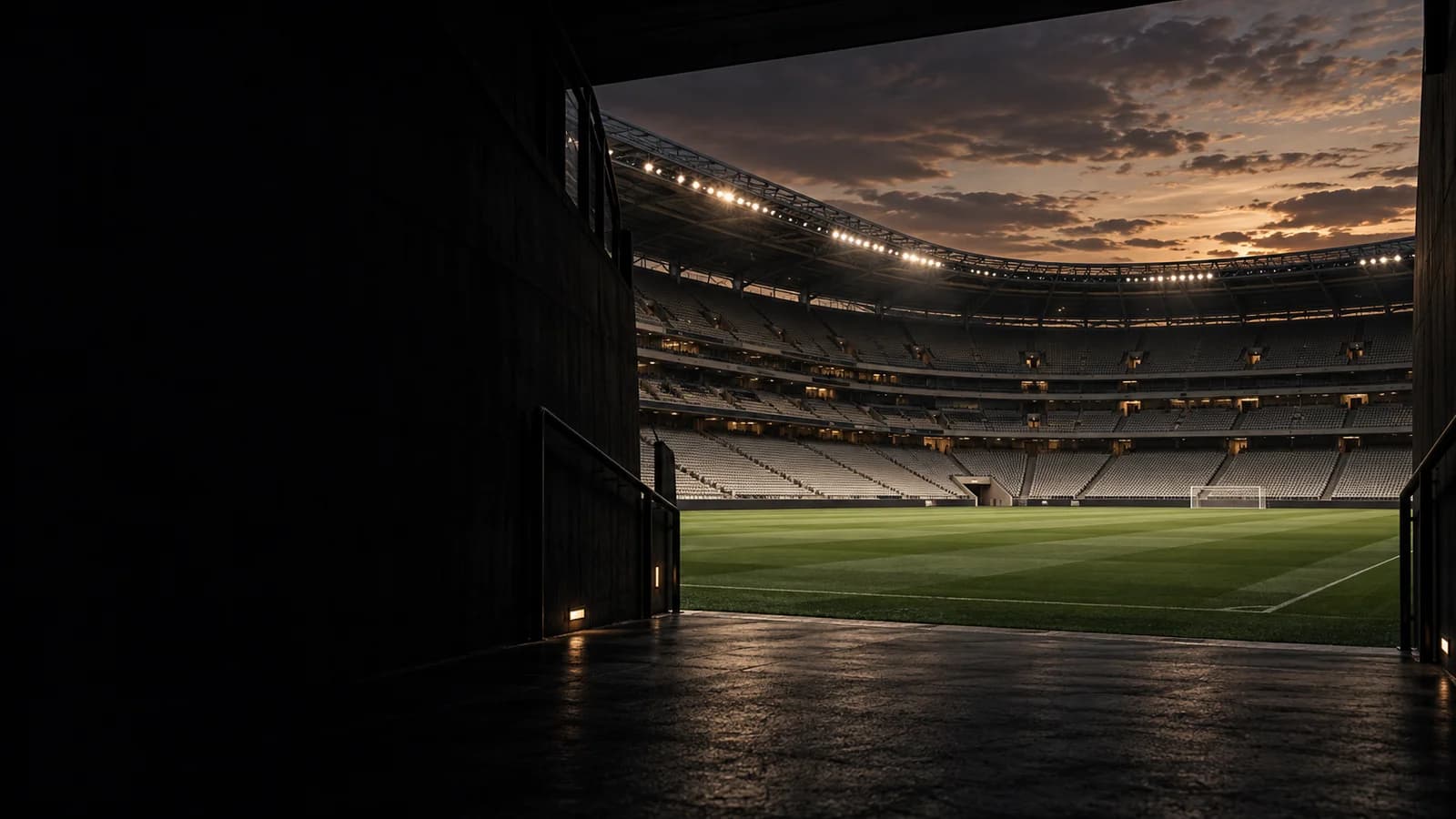 Conceptual football stadium viewed from a dark players’ tunnel